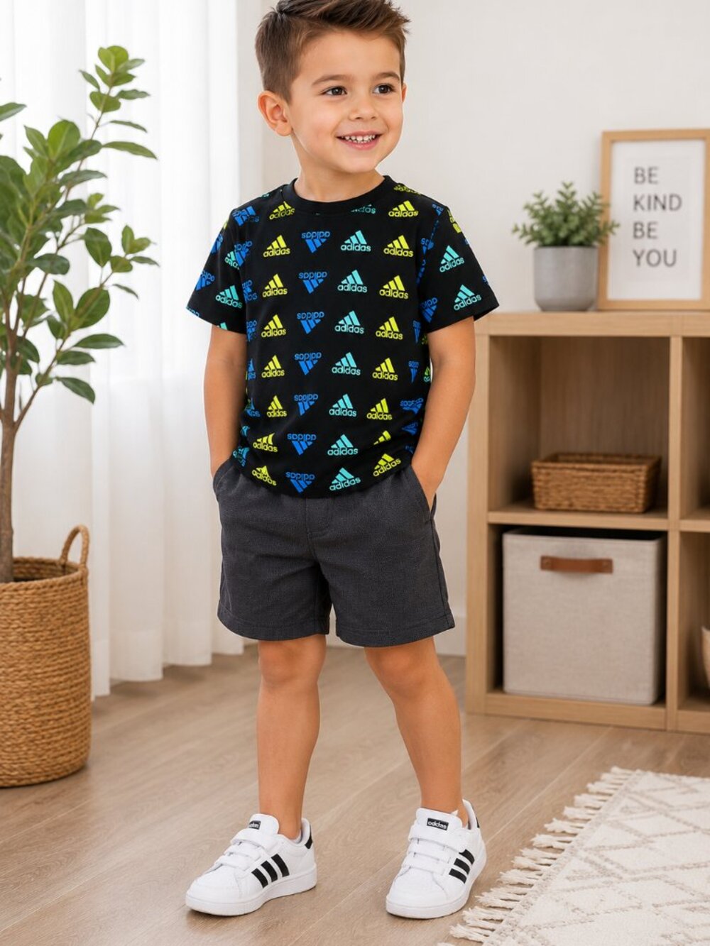 Adidas Boys Logo Print T-Shirt Black Blue Lime Short Sleeve Tee Size 8 NWT